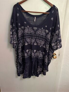 Free People No Matter Tunic Top Oversized Mesh Size M Blue Sheer Boho Beachy